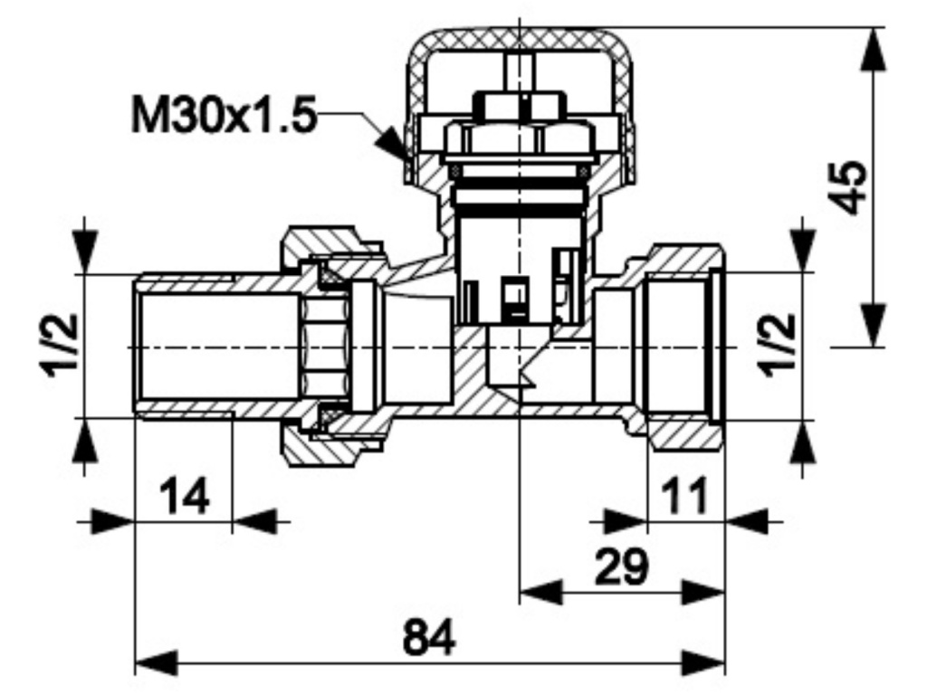 KFA Termostatický radiátorový ventil priamy, rozmery